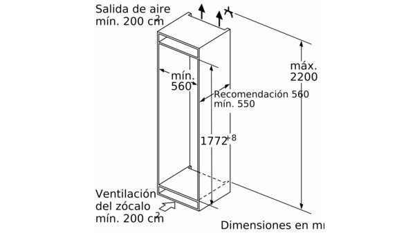 Un diagrama muestra las dimensiones de un congelador, incluyendo altura y ancho.