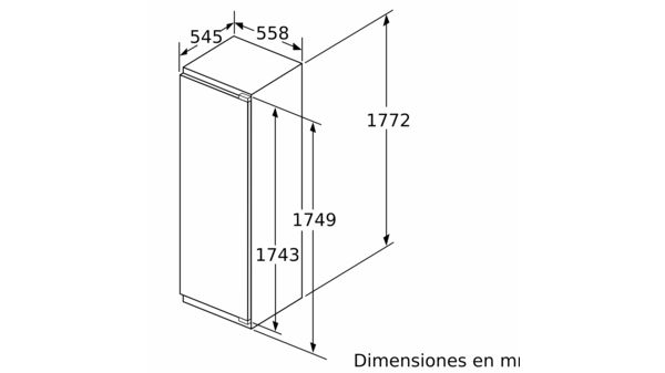 Diagrama de un refrigerador blanco. Las dimensiones están etiquetadas en metros.