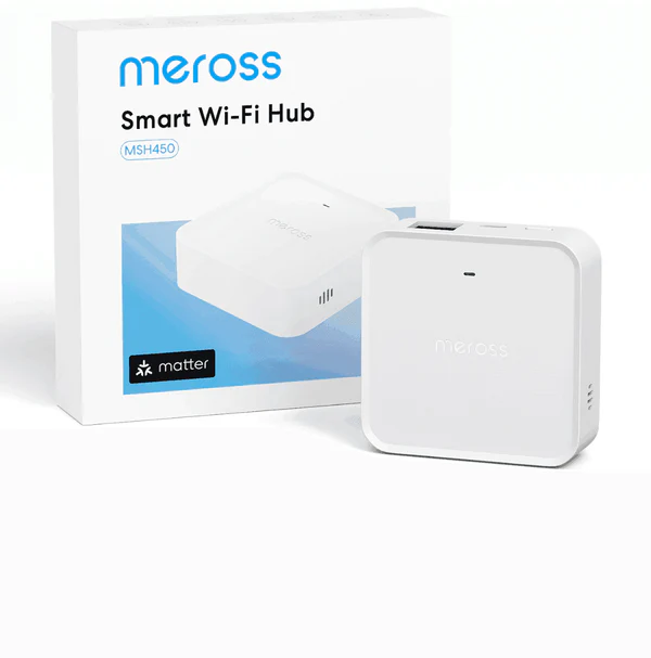 Fehér Meross Smart Wi-Fi Hub doboz és hub. A dobozon a márkanév és a hub modellje látható.