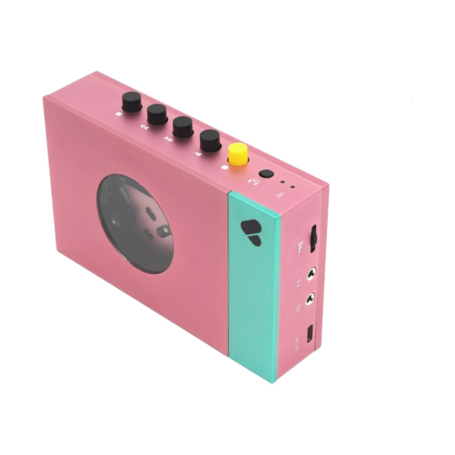 Altoparlante portatile rosa con pulsanti e porte, vista laterale.