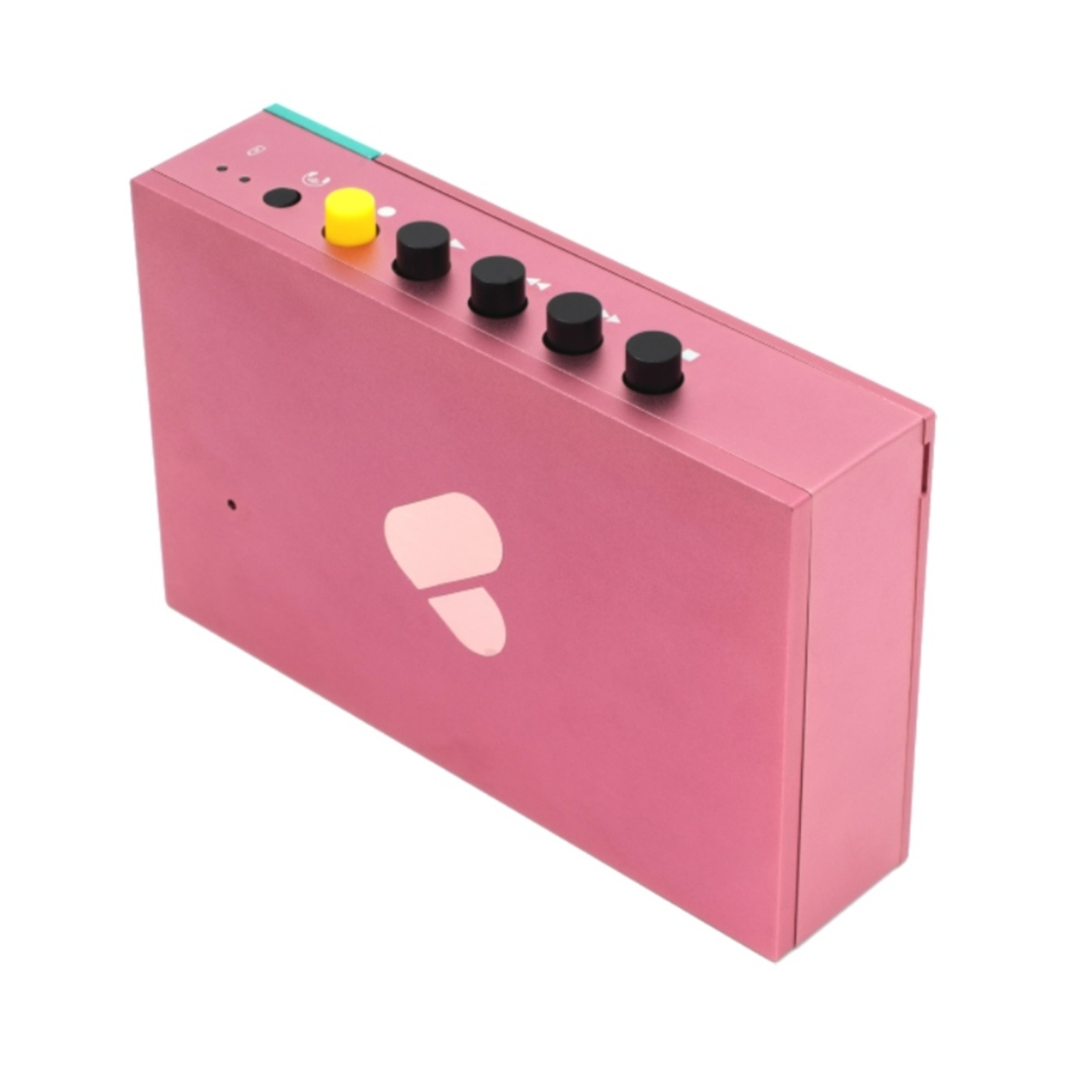 Un dispositivo rosa con pulsanti e un logo, su sfondo bianco.