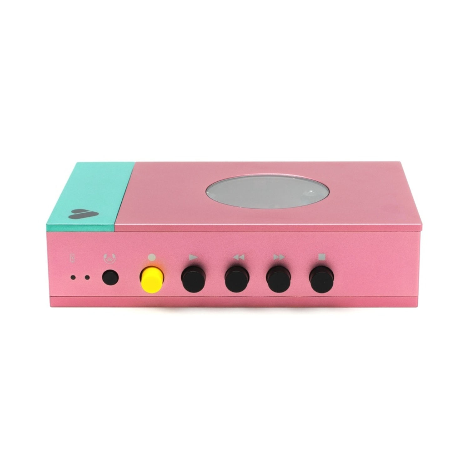 Dispositivo audio rosa e turchese con pulsanti e display circolare. Pulsante di accensione giallo.