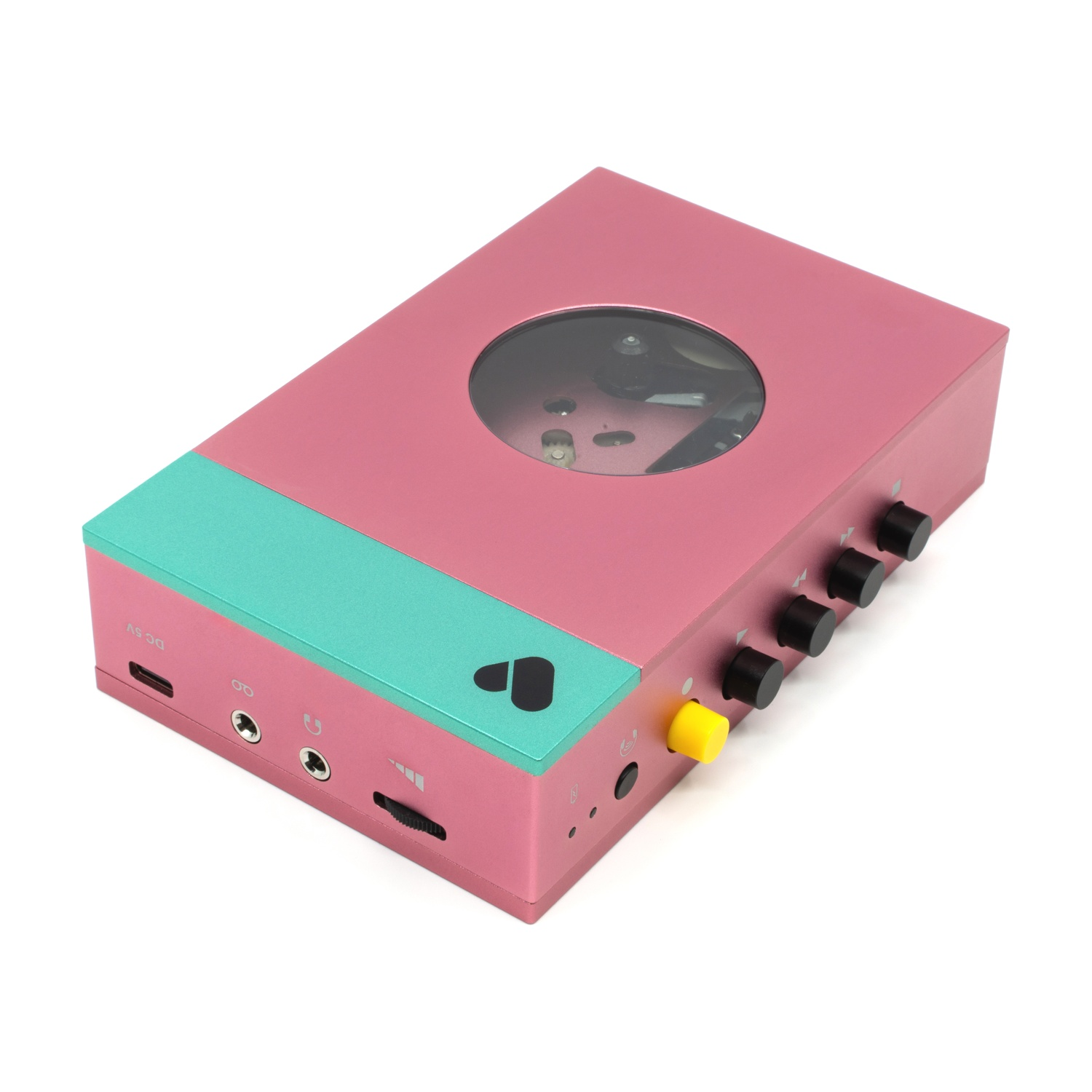 Dispositivo rettangolare rosa con accento turchese. Manopole e pulsanti sui lati.