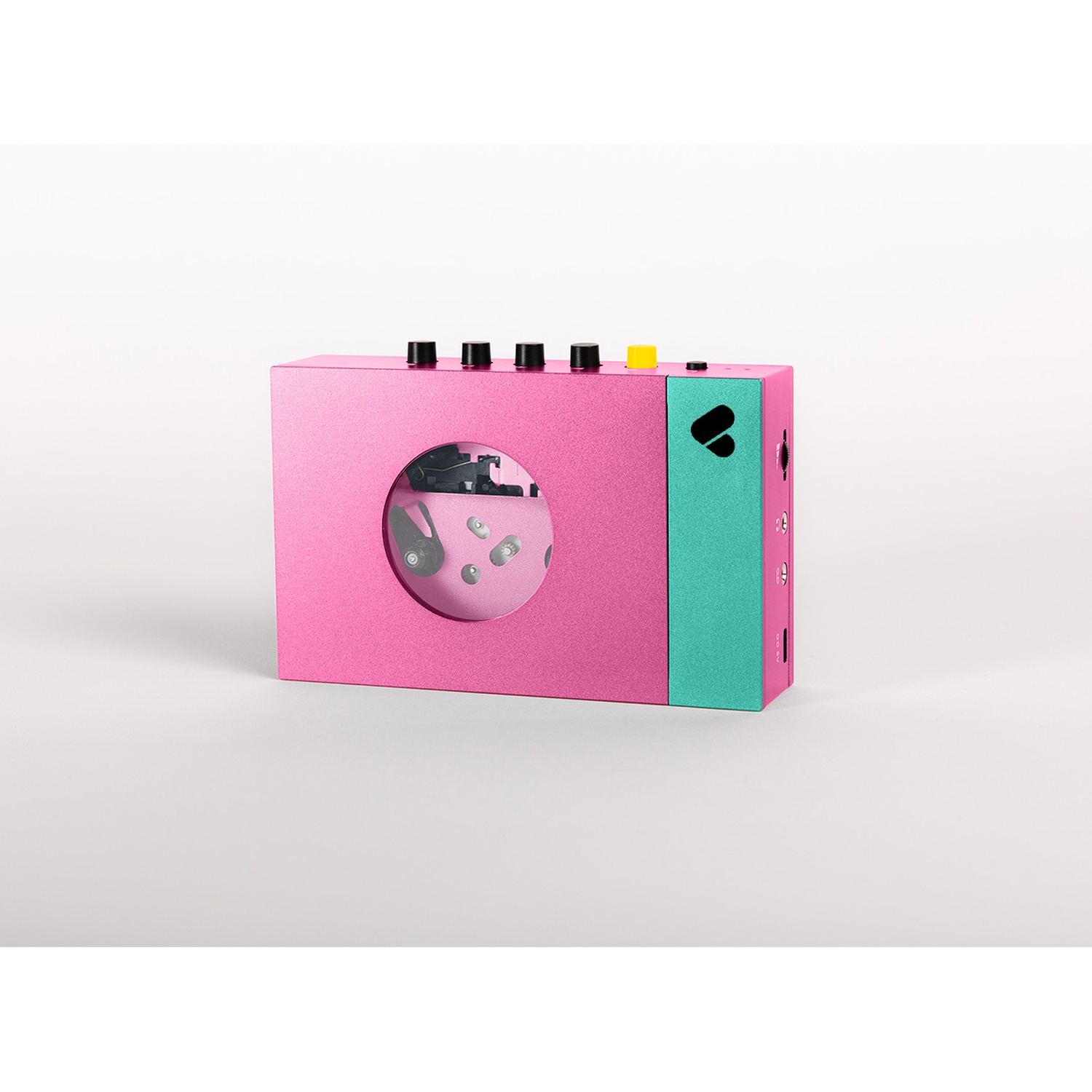 Un dispositivo audio rosa e turchese. Il dispositivo ha pulsanti e uno schermo.