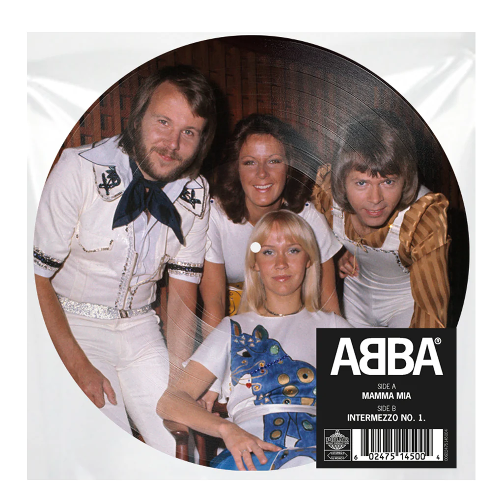 Disque d'ABBA avec photo du groupe, vinyle noir et détails de l'album.