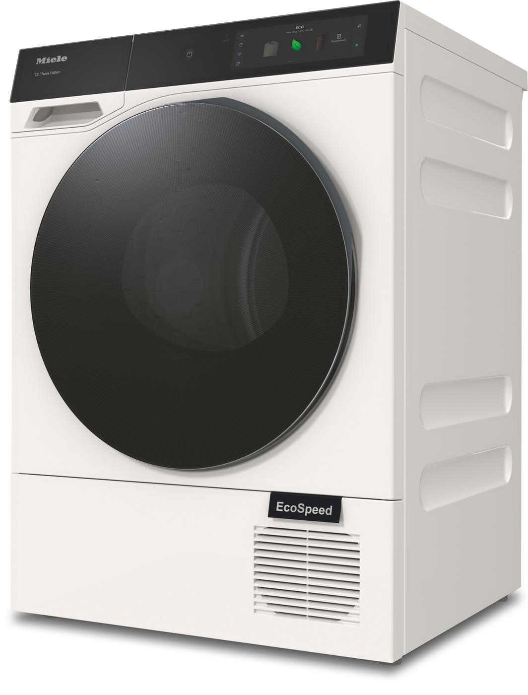 Secadora blanca con puerta negra grande, etiqueta EcoSpeed y logo Miele. Vista en perspectiva.