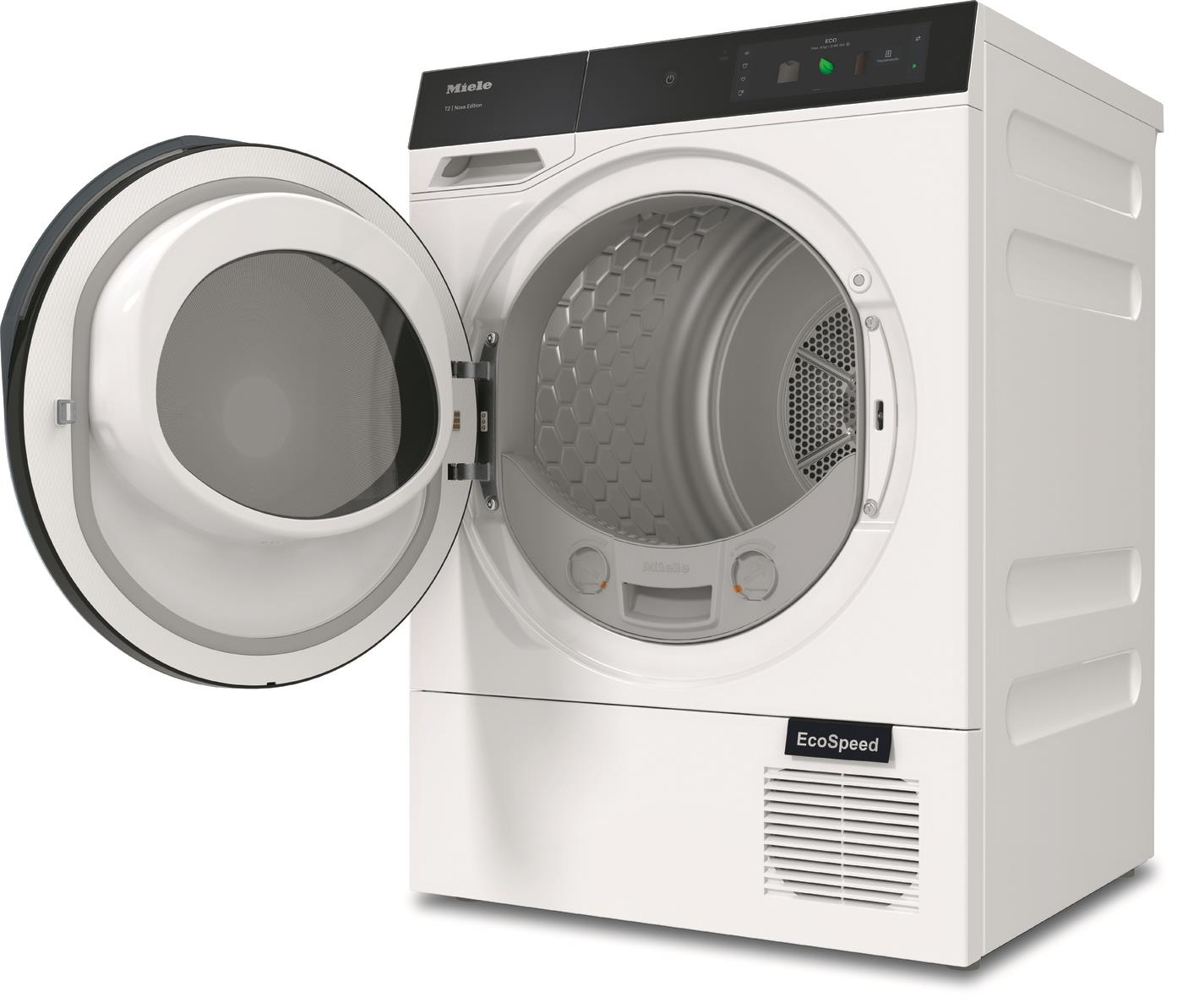 Una secadora Miele blanca con la puerta abierta, que revela el interior del tambor. El texto dice "EcoSpeed".