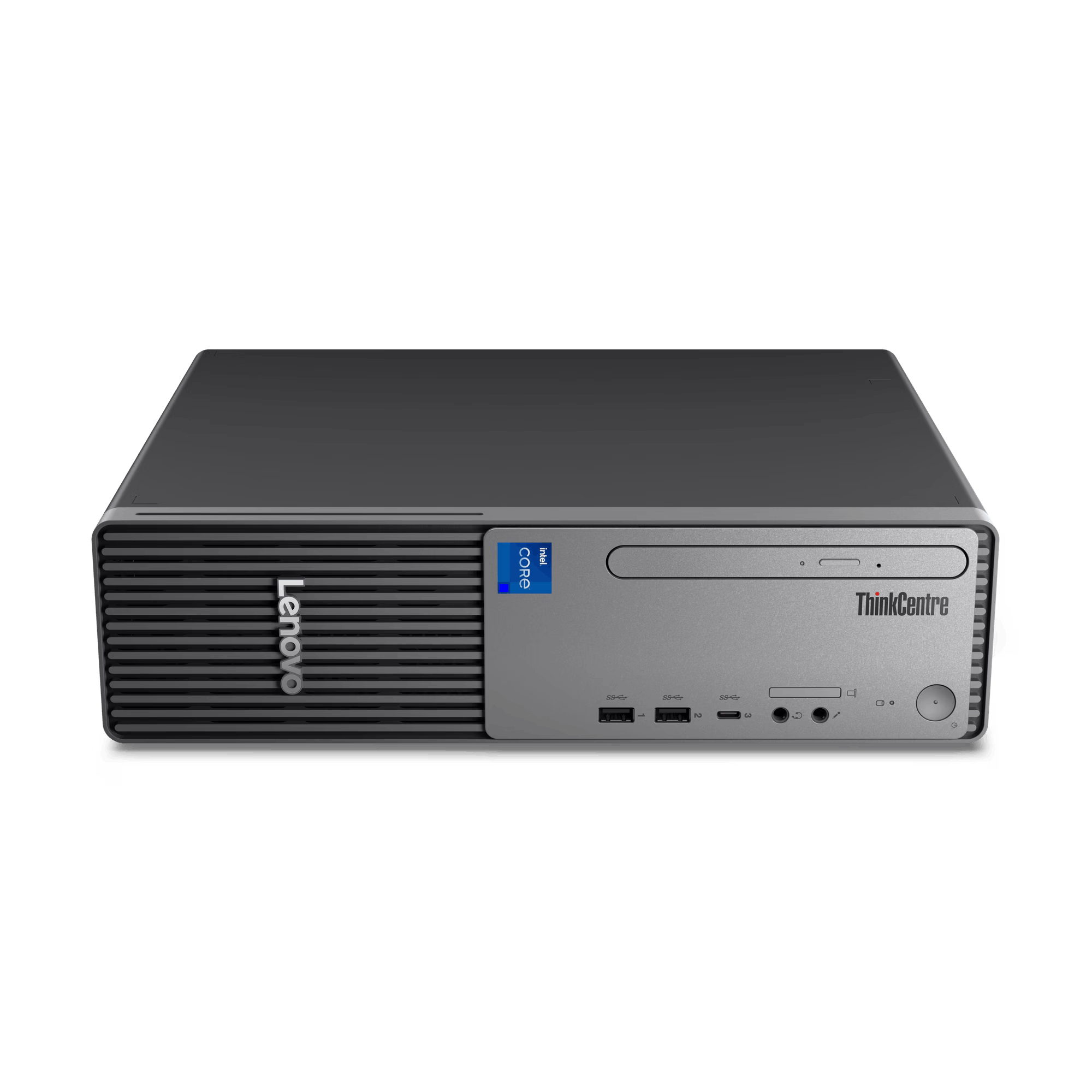 Una computadora de escritorio Lenovo gris con panel frontal negro y puertos.