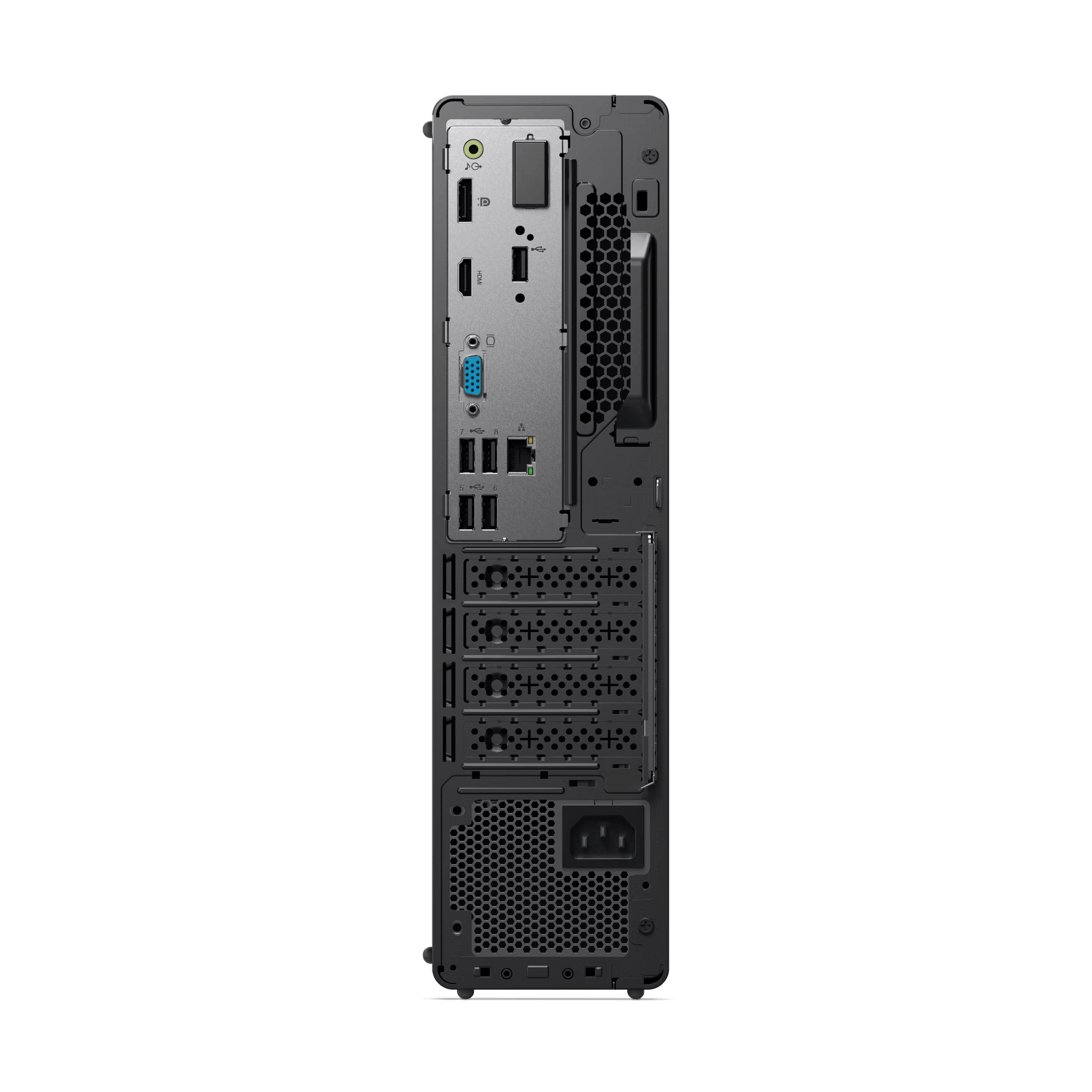 Panel trasero de una computadora de escritorio negra con varios puertos y un asa.