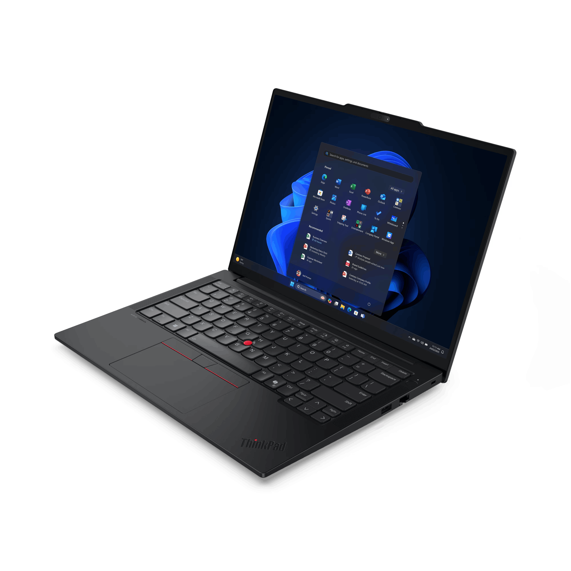 Un portátil negro con un trackpoint rojo, que muestra una interfaz de Windows en la pantalla. El portátil está abierto.