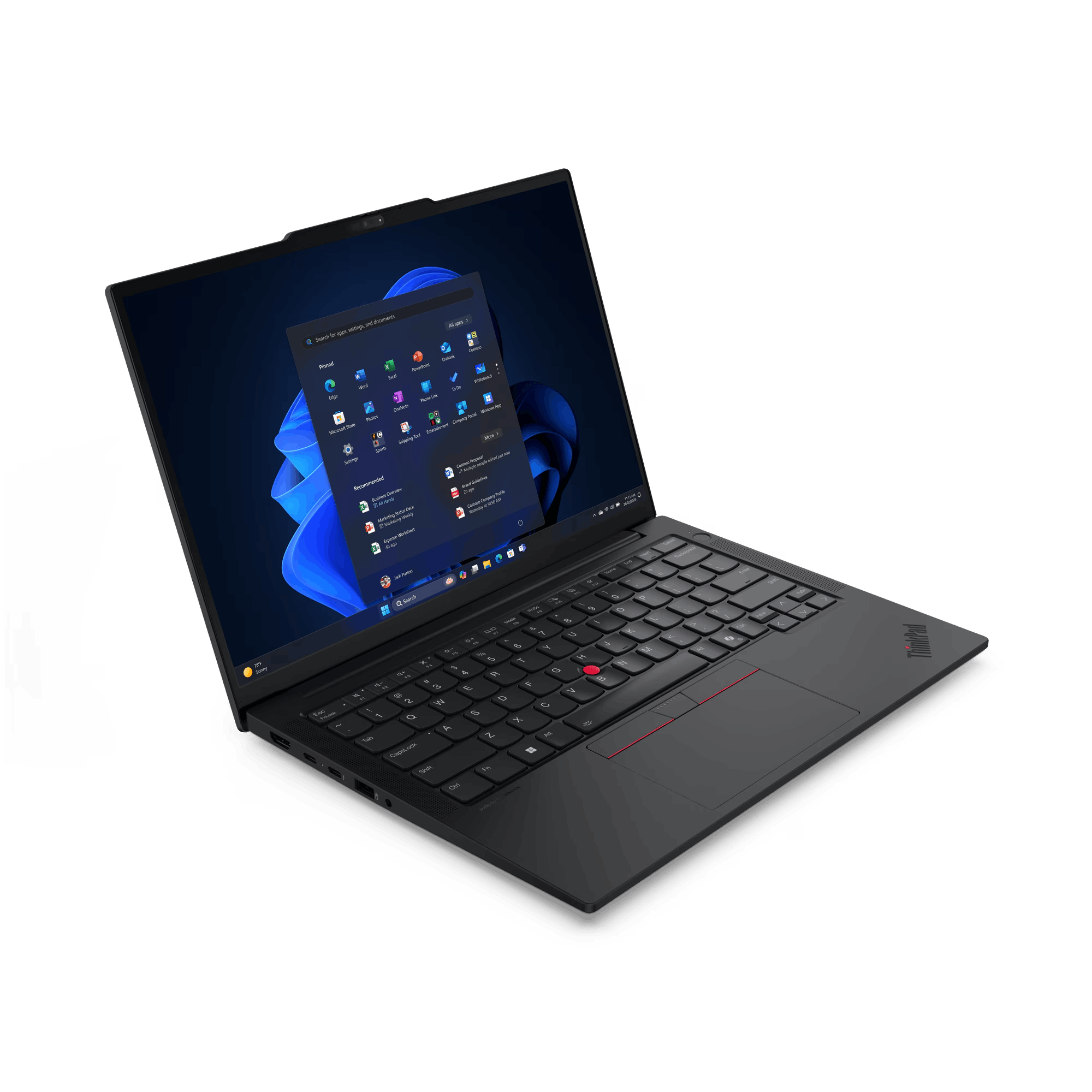 Ordenador portátil abierto sobre un escritorio, negro con panel táctil y teclado.