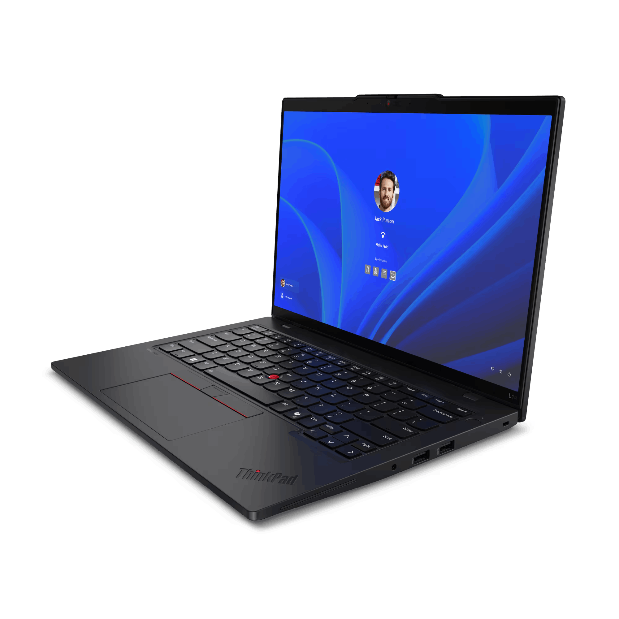Portátil ThinkPad, abierto, mostrando un perfil de usuario en pantalla. Teclado y trackpad visibles.