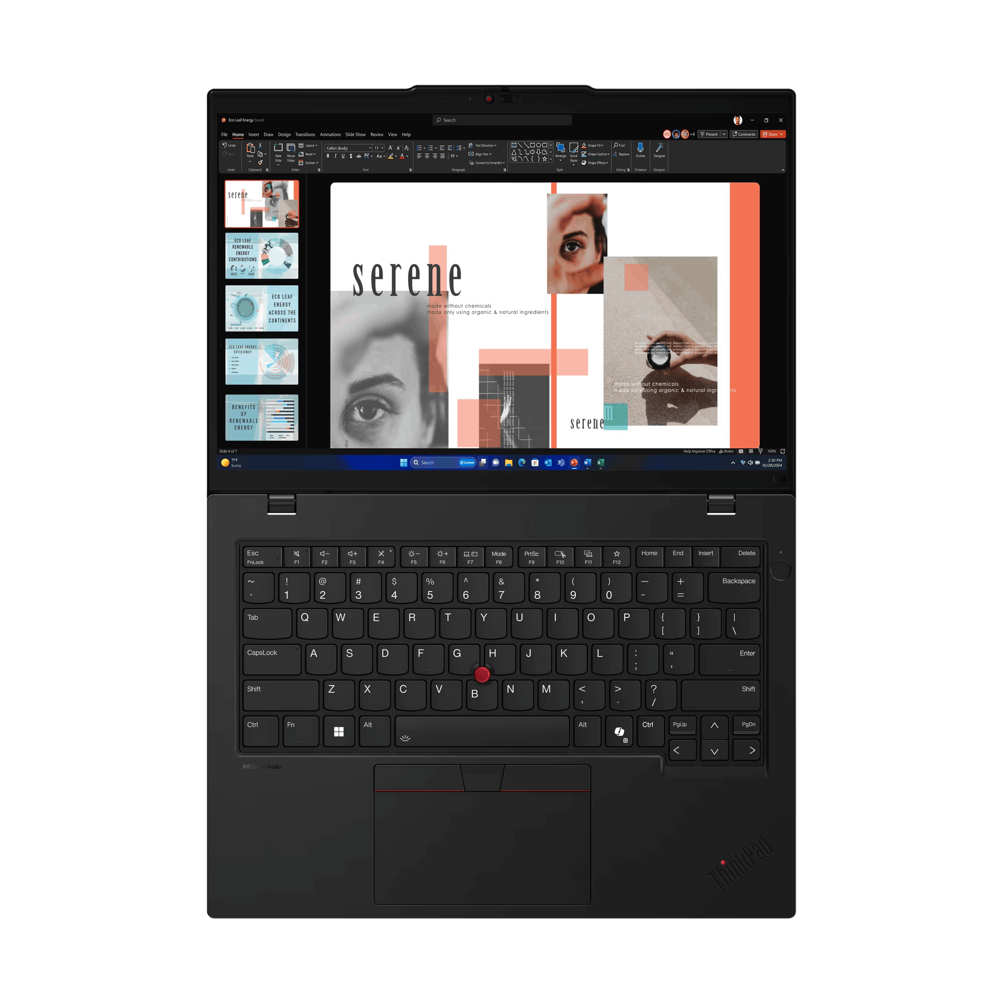 Ordenador portátil negro abierto, mostrando una pantalla de presentación. Teclado presente con trackpad y panel táctil.