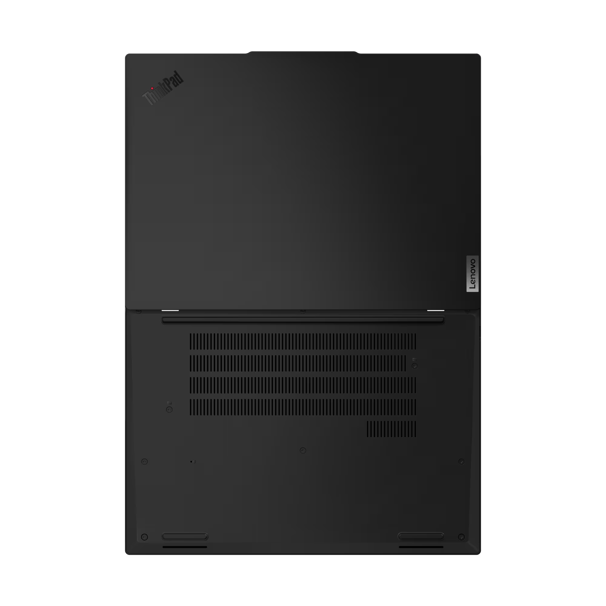 Un portátil Lenovo ThinkPad negro, visto desde arriba.