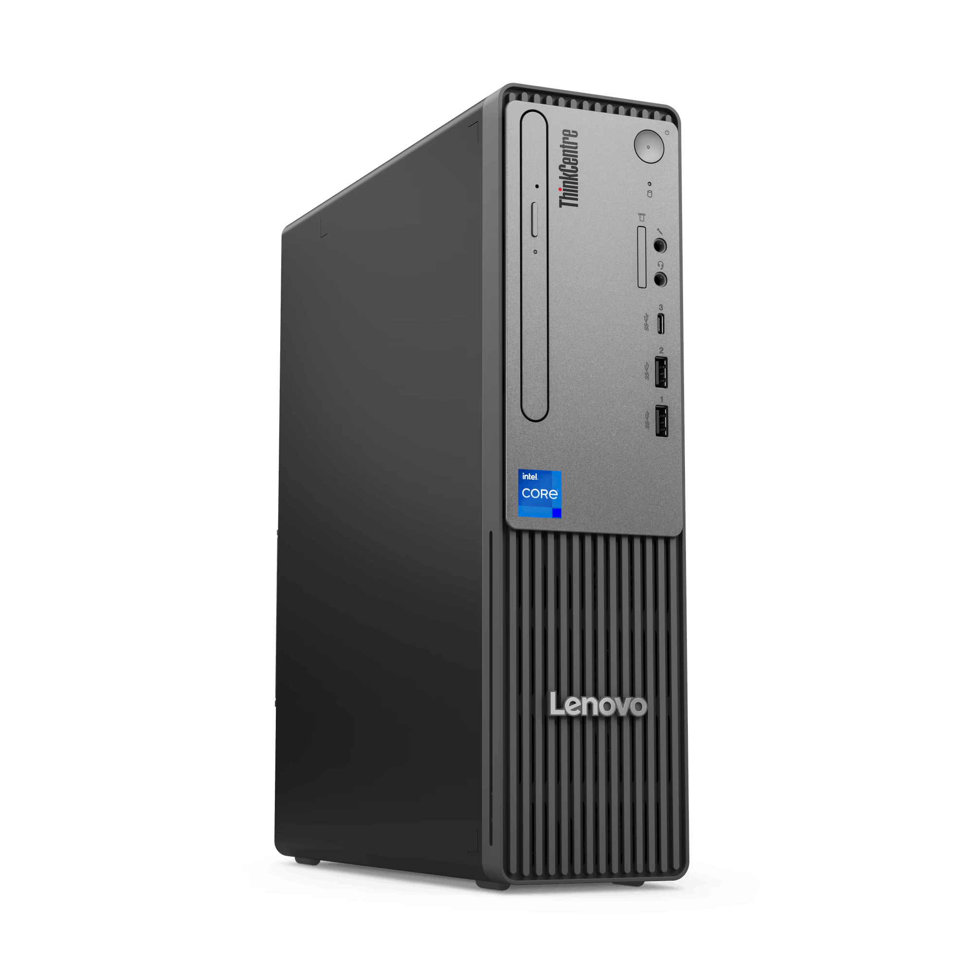 Una computadora de escritorio Lenovo ThinkCentre. Es gris oscuro y negro con un diseño vertical.