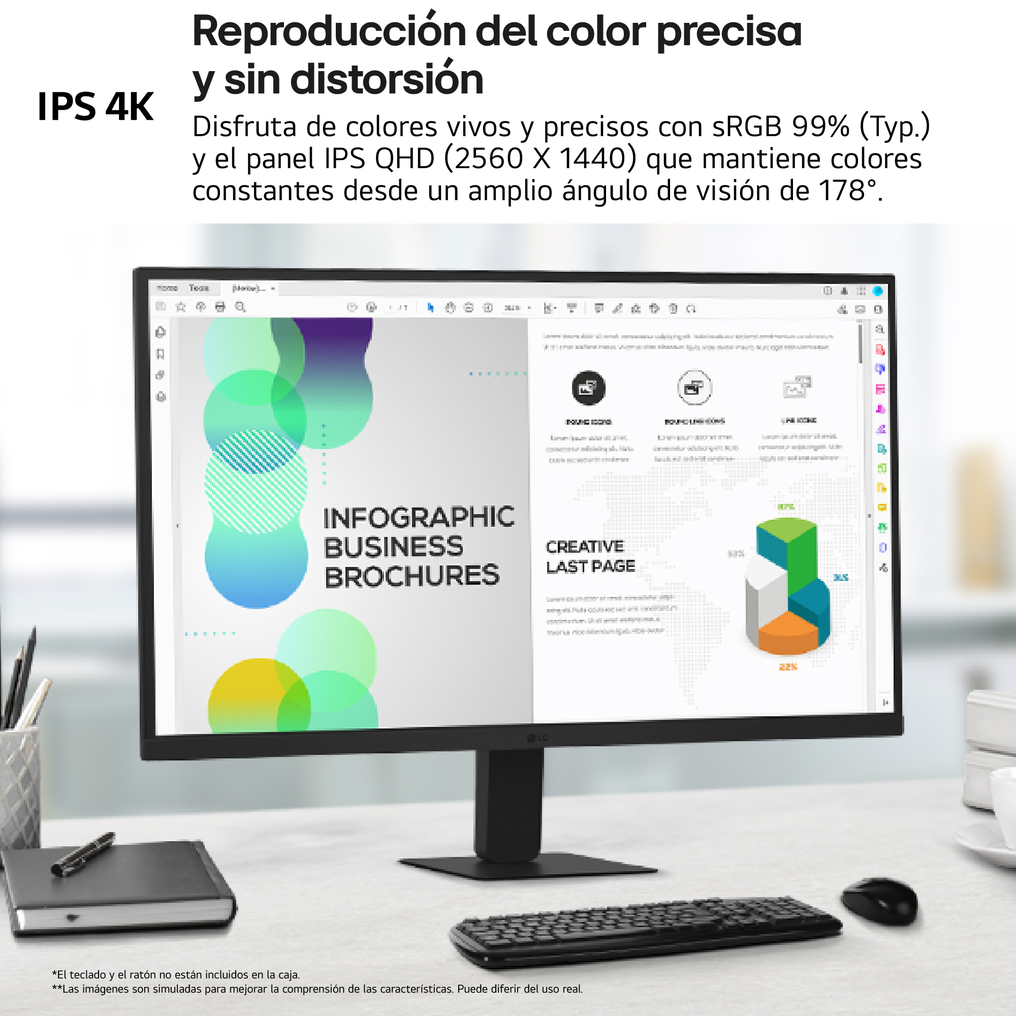 Un monitor muestra el diseño de un folleto, junto a un teclado y un ratón. El monitor está en un escritorio con una taza y un bolígrafo.