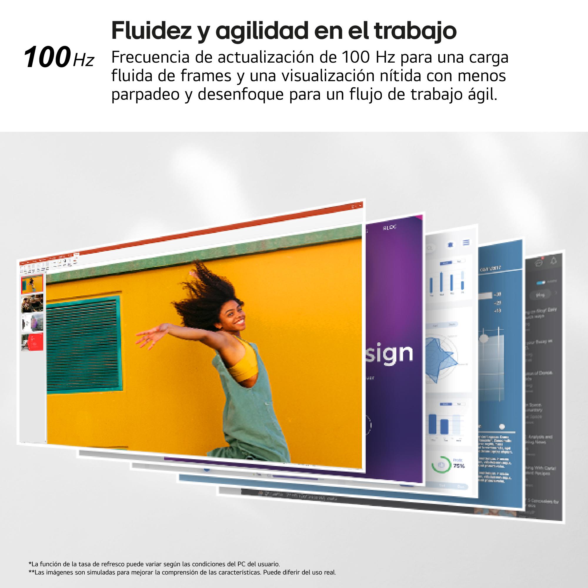 Una pantalla con múltiples ventanas de aplicaciones. Una mujer con pelo largo salta frente a una pared amarilla.