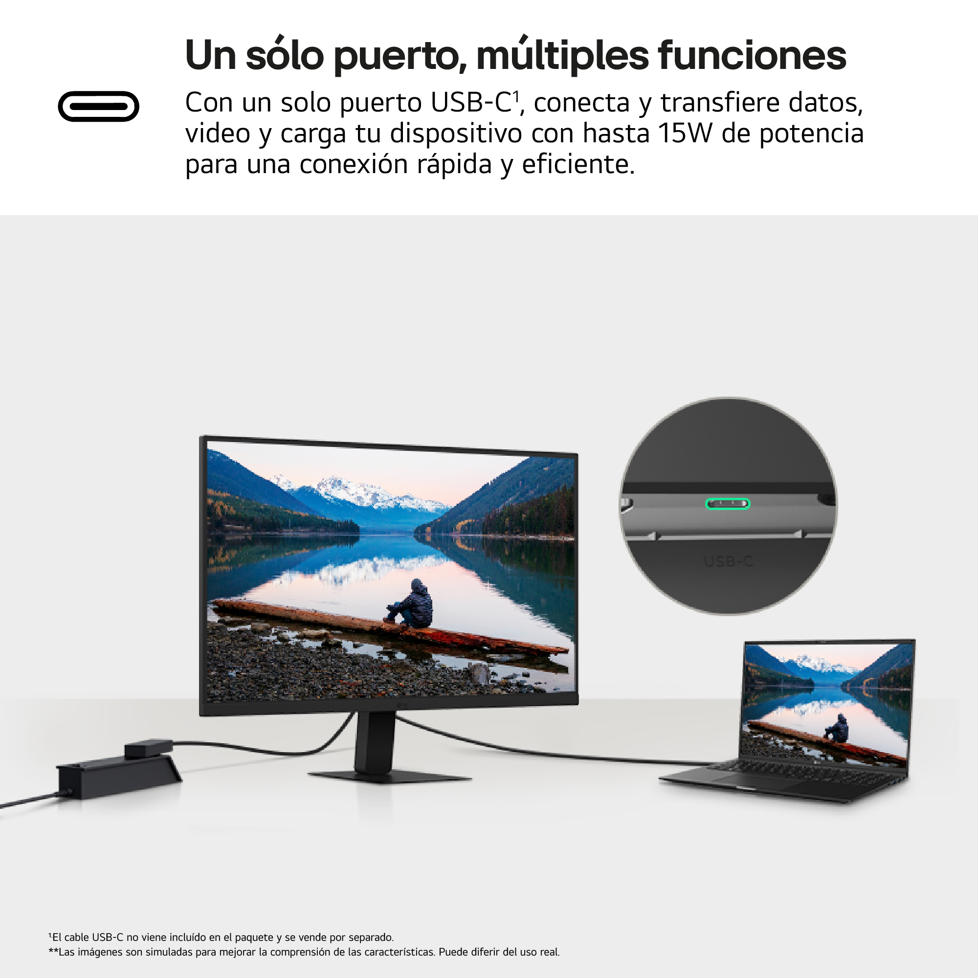 Monitor, portátil y cable USB-C. Fondo blanco. Texto en español: 'Un puerto, múltiples funciones'.