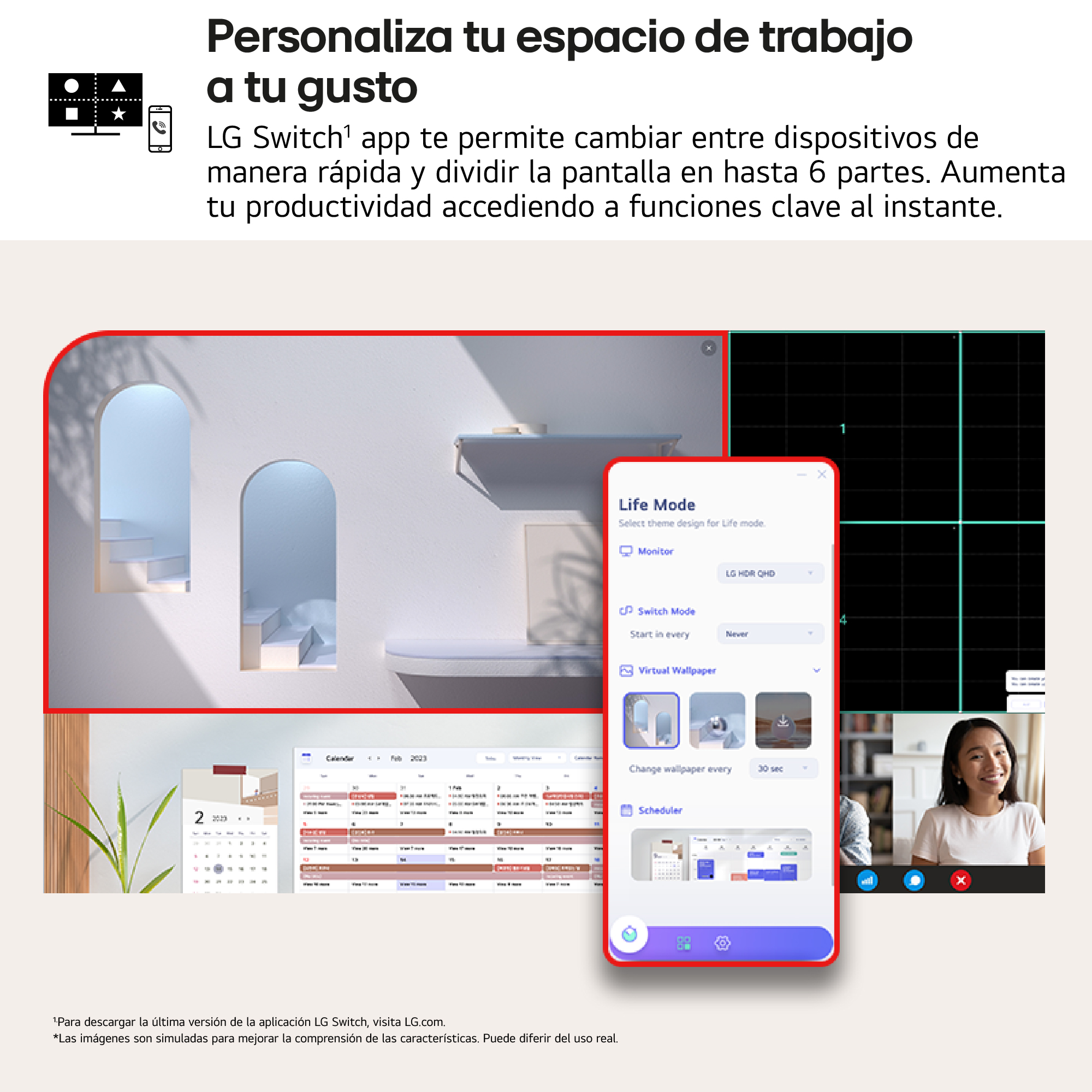 Una interfaz de aplicación telefónica con calendario, fondo de pantalla virtual y opciones de videollamada. Fondo blanco.