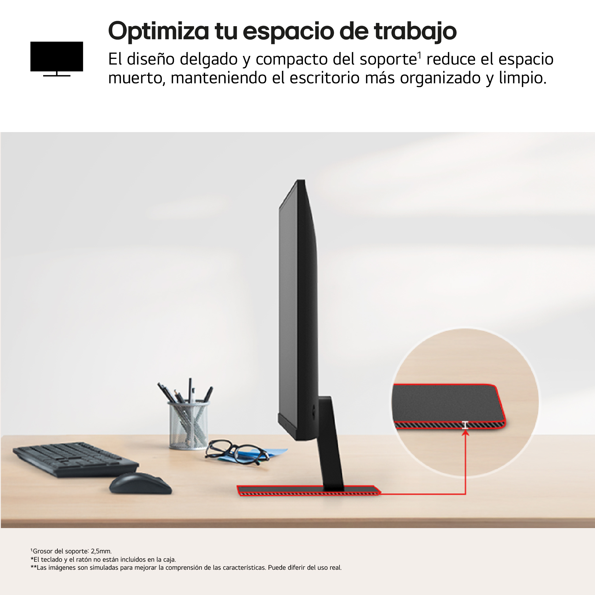 Un monitor de computadora en un escritorio, con un teclado y un mouse. Texto: Optimiza tu espacio de trabajo.