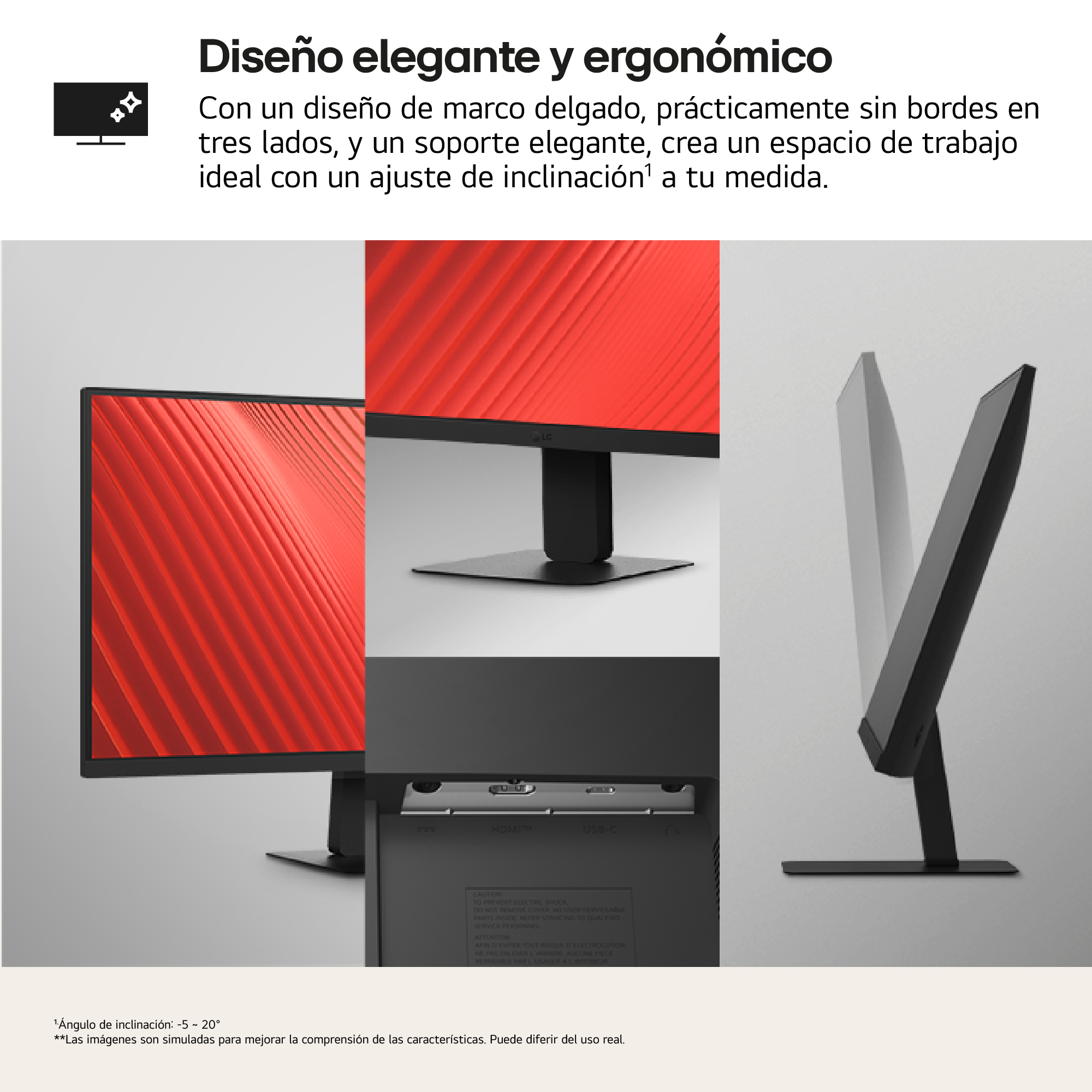 Monitor con múltiples vistas. Marco negro, fondo rojo. Soporte ajustable. Panel trasero con puertos.
