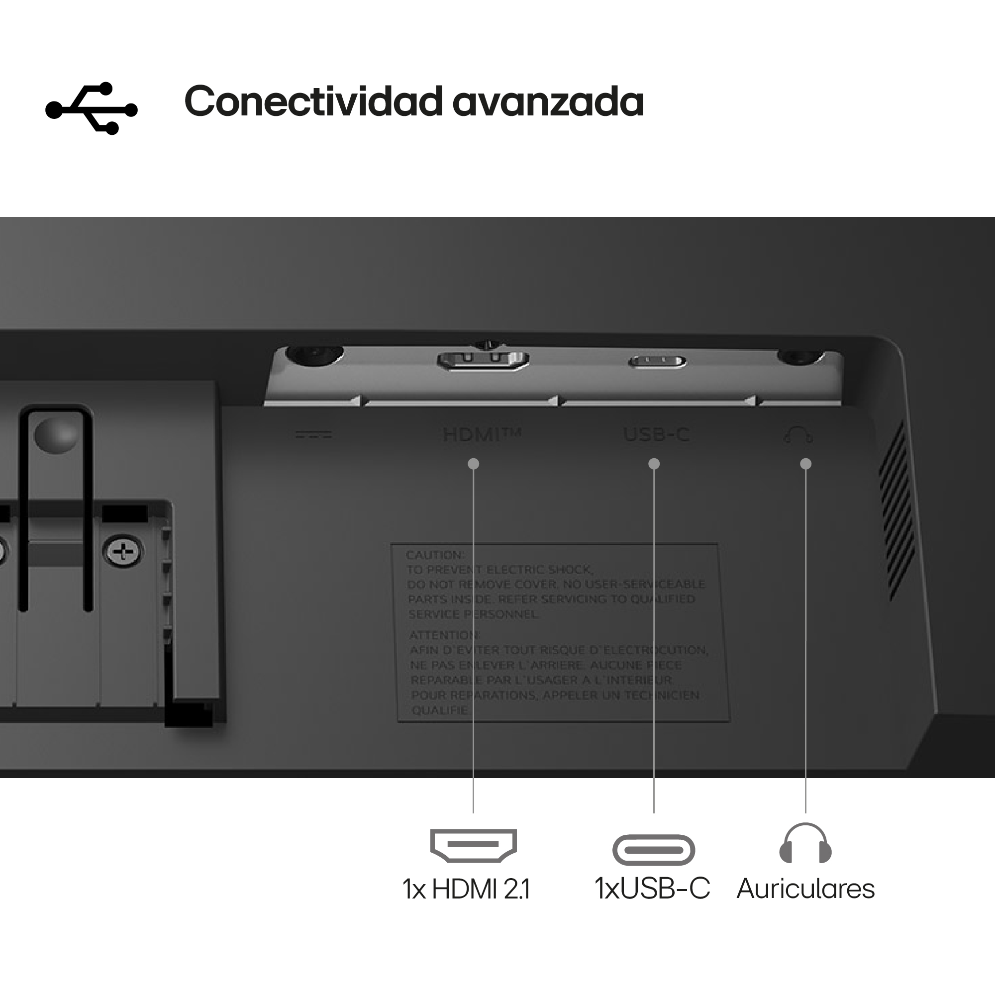 Panel trasero de un dispositivo con puertos: HDMI, USB-C y auriculares. Texto: 'Conectividad avanzada'.