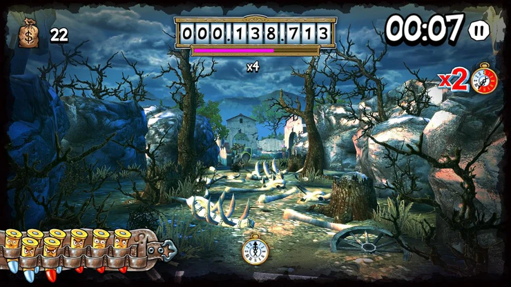 Una escena de juego estilo caricatura. Árboles muertos, huesos y un personaje de dibujos animados en la parte inferior.