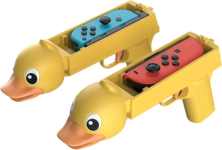 Dos mandos de juego con forma de pato de plástico amarillo con joy-cons insertados.
