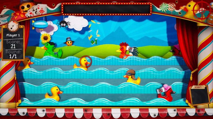 Un escenario con patos en el agua, un marcador y un contador de jugadores. Los patos tienen diferentes sombreros.