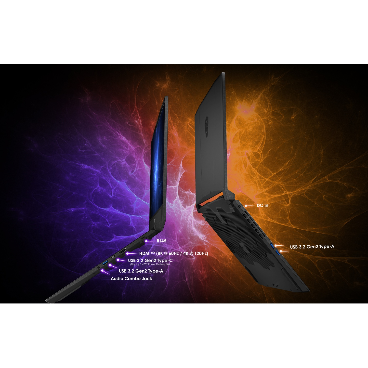 Due laptop, uno aperto, che mostra le porte e il testo: USB 3.2 Gen2 Type-A e altre porte.
