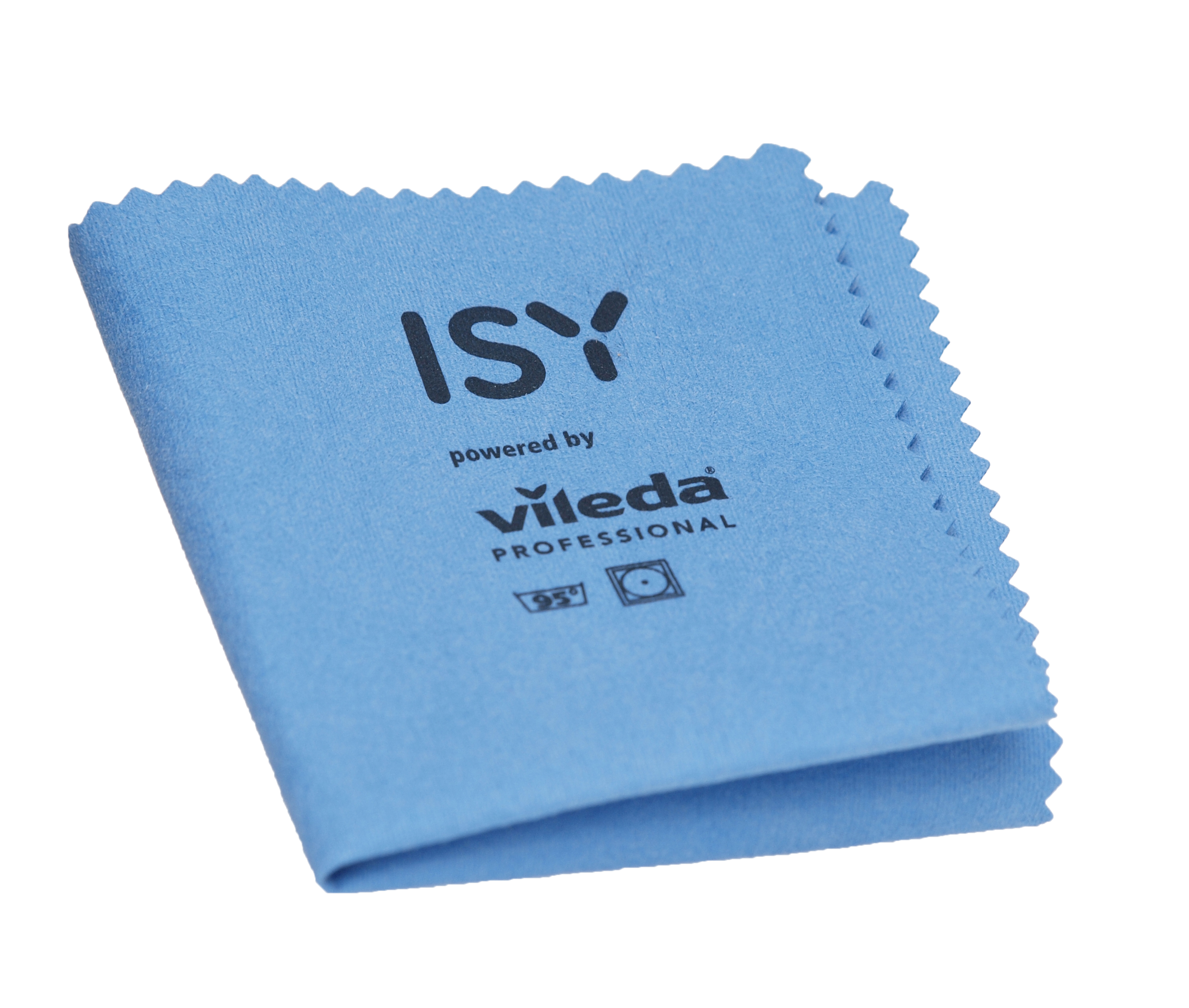 Jasnoniebieska ściereczka do czyszczenia z napisem 'ISY powered by Vileda Professional'.