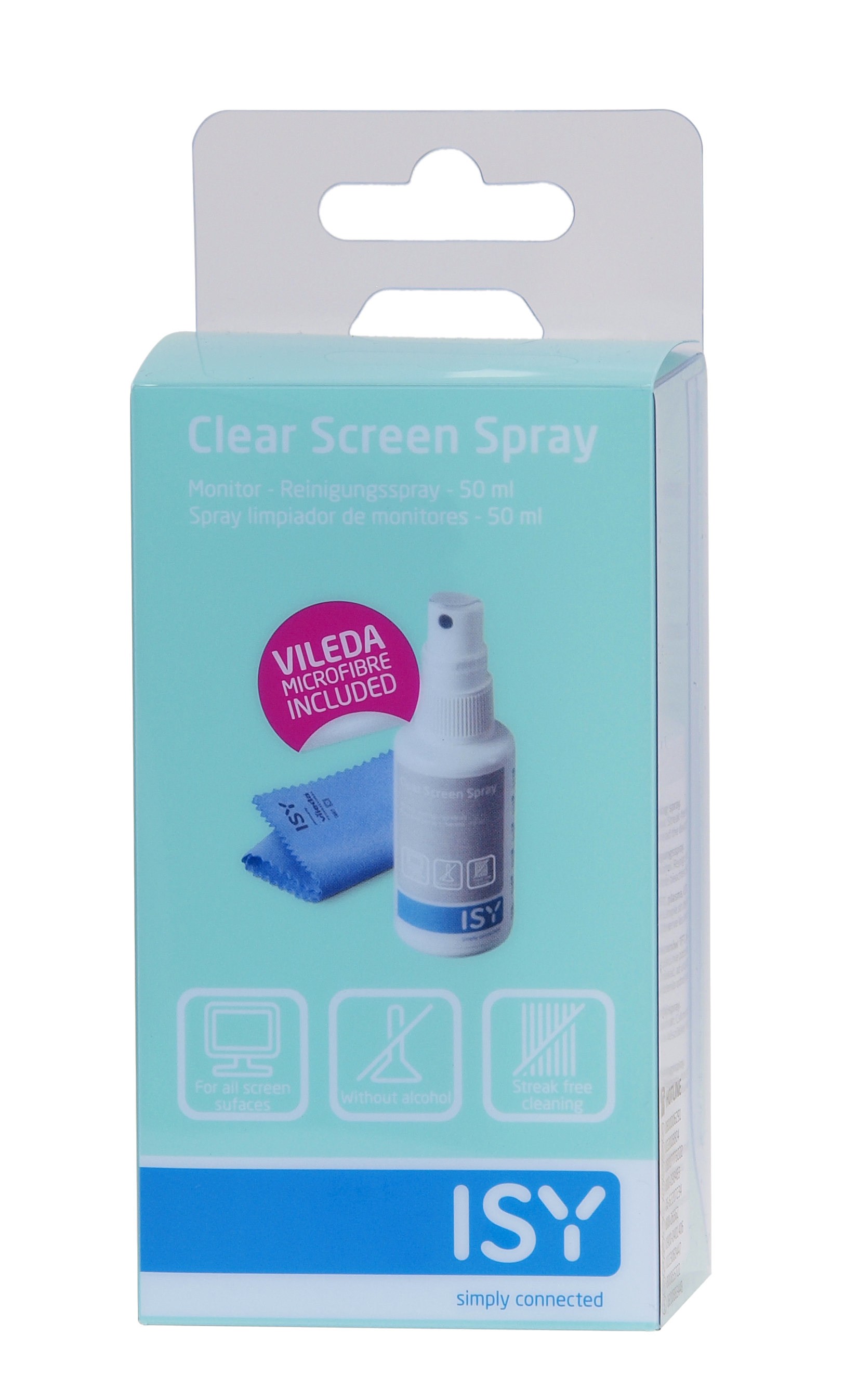 Pudełko ze sprayem do czyszczenia ekranu i ściereczką z mikrofibry. Produkt marki ISY. Pudełko ma ikony i tekst.