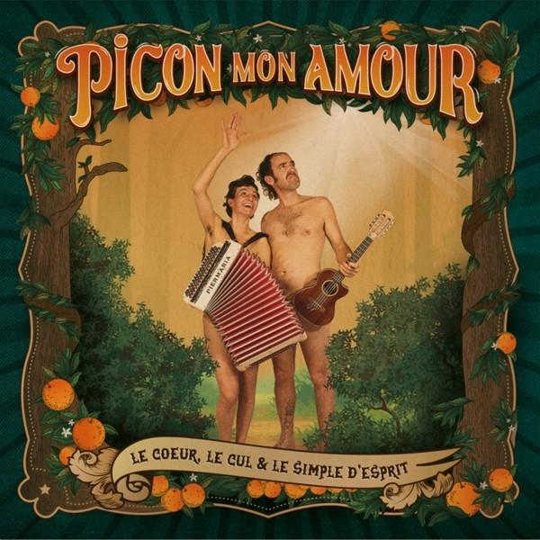 Albumcover mit zwei nackten Personen, die Instrumente spielen, in einer Waldkulisse mit Text.
