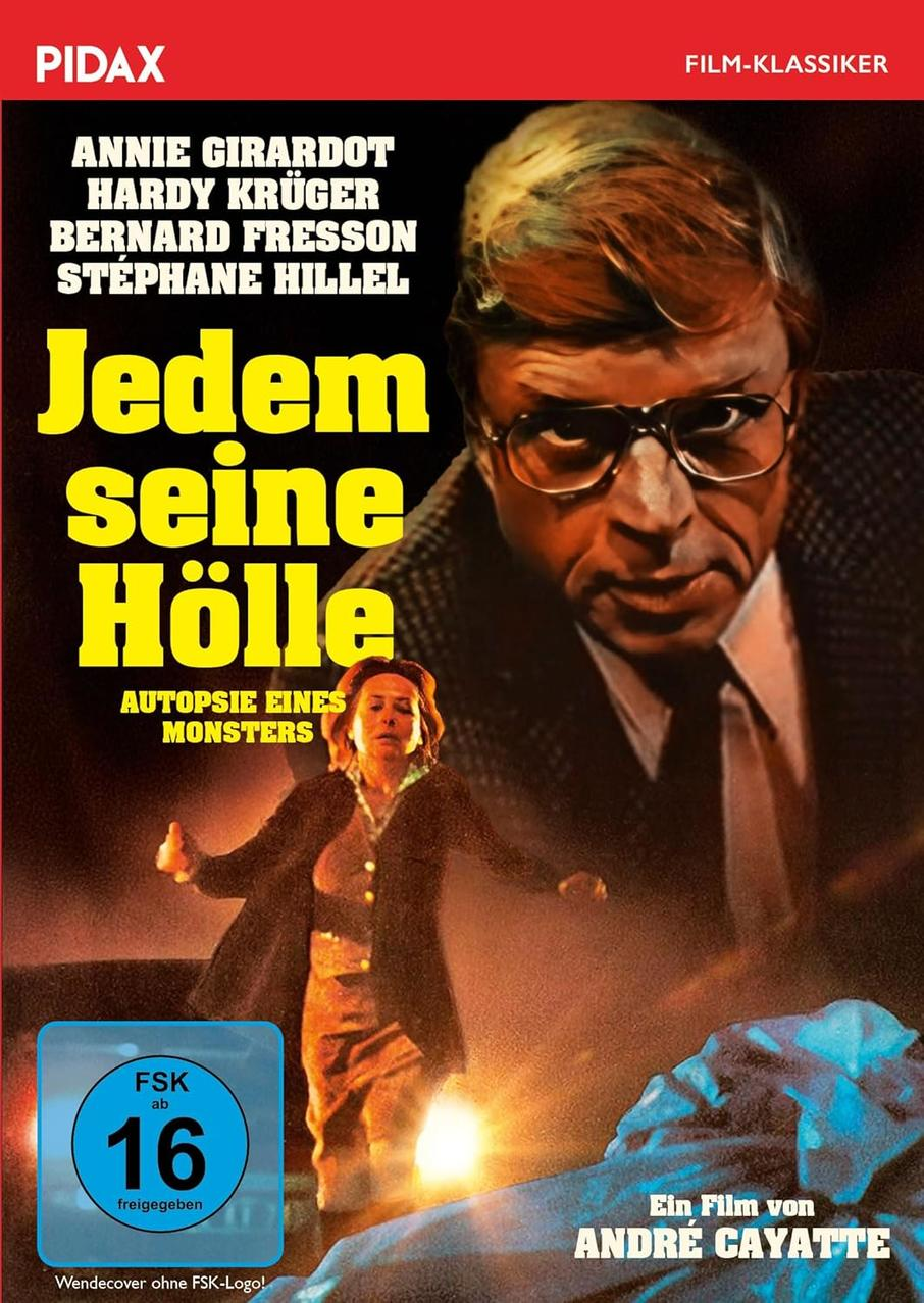 Filmplakat mit einem Mann mit Brille und einer Frau in Not. Text: Jedem seine Hölle.