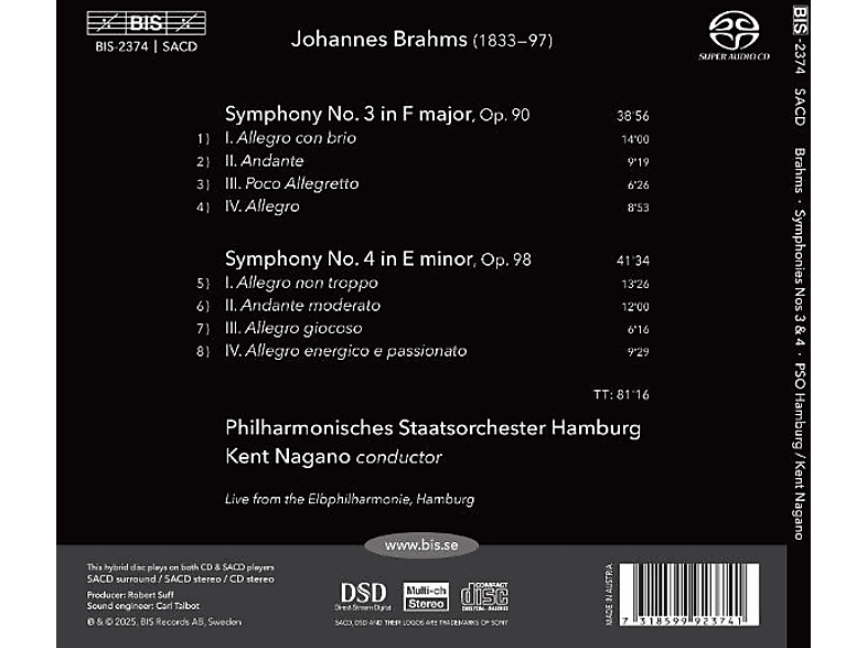 Thumbnail - Philharmonisches Staatsorchester Hamburg - Kent Nagano (dir) Brahms: Sinfonien Nr. 3 und 4 (SACD Hybrid)