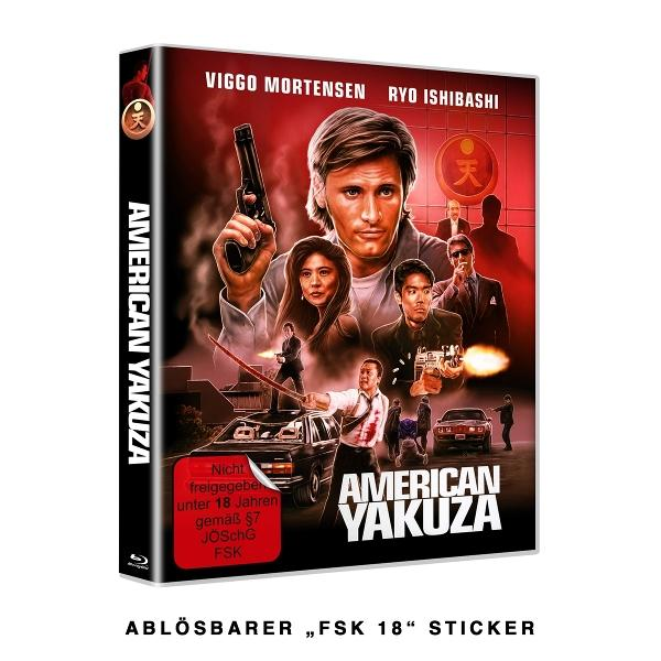 DVD-Cover von American Yakuza. Mann hält eine Waffe, andere Figuren, japanischer Text und ein Warnaufkleber.