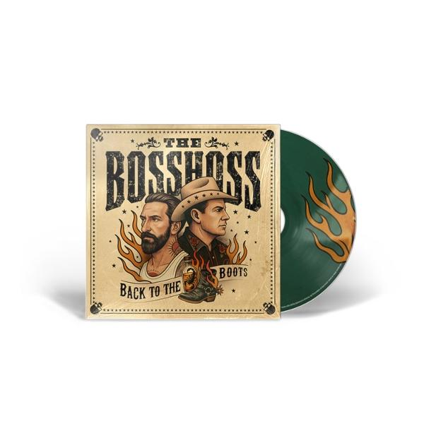 Albumcover mit zwei Männern, Flammen und dem Bandnamen 'The BossHoss'.