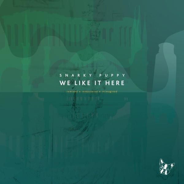 Albumcover mit grünem und blauem abstraktem Design und den Worten 'We Like It Here' von Snarky Puppy.