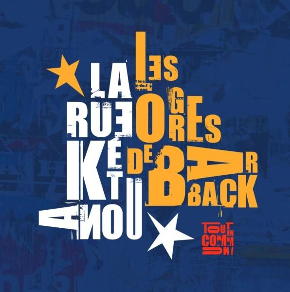 Ein lebendiges Poster mit Text in verschiedenen Schriftarten und Farben, Stern und 'LA RUE DE BAR'.