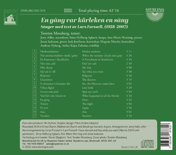 Grünes CD-Cover mit Text, der Songs und Credits auflistet. Der Titel lautet 'En gång var kärleken en sång'.