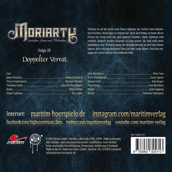 Cover für 'Moriarth Doppelter Verrat'. Titel in verzierter Schrift, Besetzung und Credits. Dunkelblauer Hintergrund.