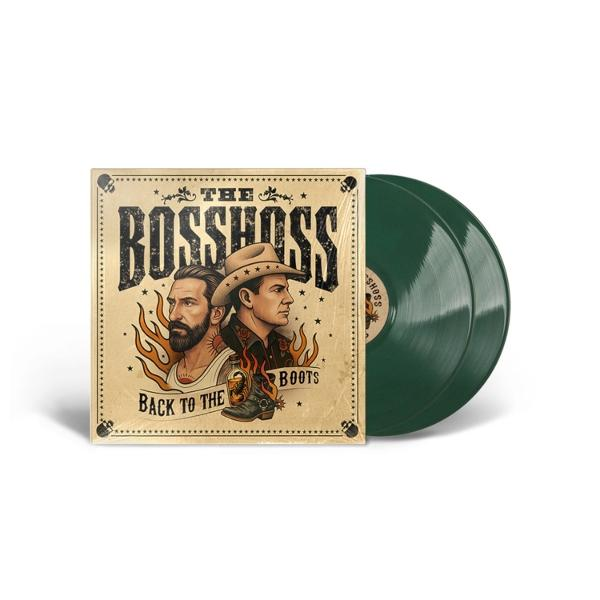 Albumcover mit zwei Männern in Cowboy-Kleidung und grünen Vinylplatten.