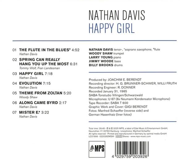 Albumcover mit Text. Titel: Happy Girl. Eine Liste von Songtiteln und Bandmitgliedernamen.