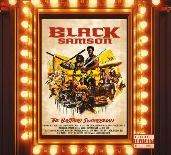 Albumcover 'Black Samson'. Artwork mit zwei Männern, die Waffen halten. Lichter um den Rahmen. Warnhinweis für Eltern.