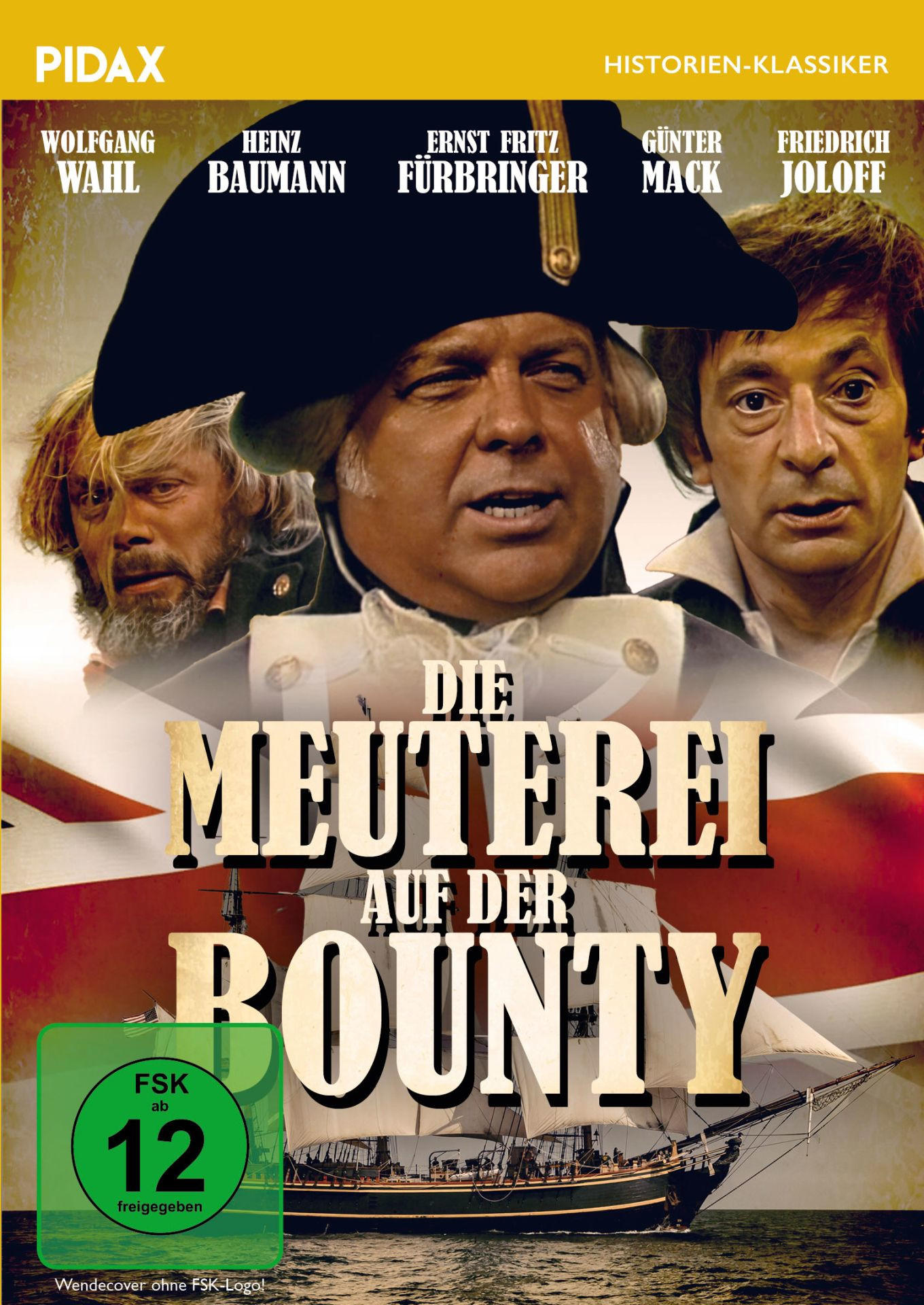 Filmplakat mit Schauspielern und Schiff. "Die Meuterei auf der Bounty".