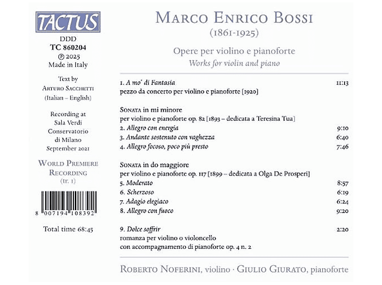 Thumbnail - Giurato, Giulio/Noferini, Roberto - Bossi: Werke für Violine und Klavier (CD)