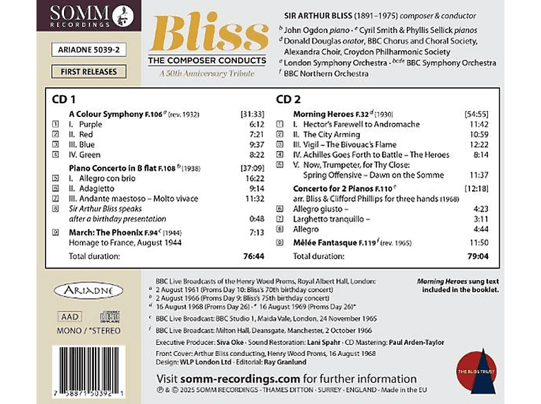 Thumbnail - BBC Chorus/London Symphony Orchestra/Ogdon, John/Sellick, Phyllis/Smith, Cyril - Bliss: The Composer Conducts (CD)