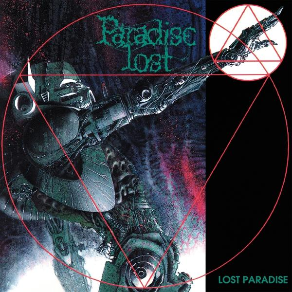 Albumcover mit einer Roboterfigur und einem roten geometrischen Overlay mit den Worten 'Paradise Lost'.