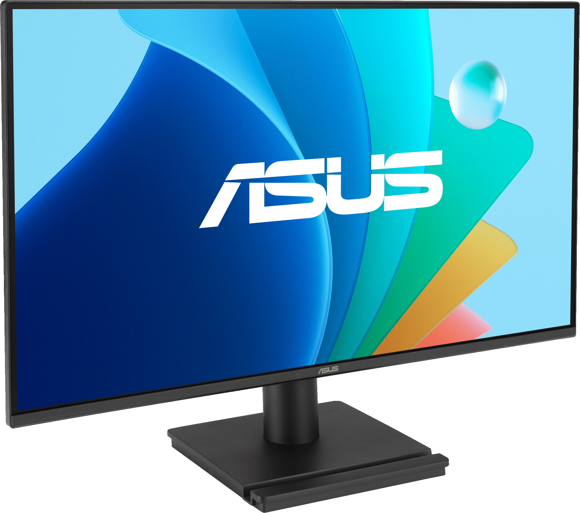 Moniteur ASUS, cadre et socle noirs. Fond abstrait bleu, vert et blanc. Le logo ASUS.