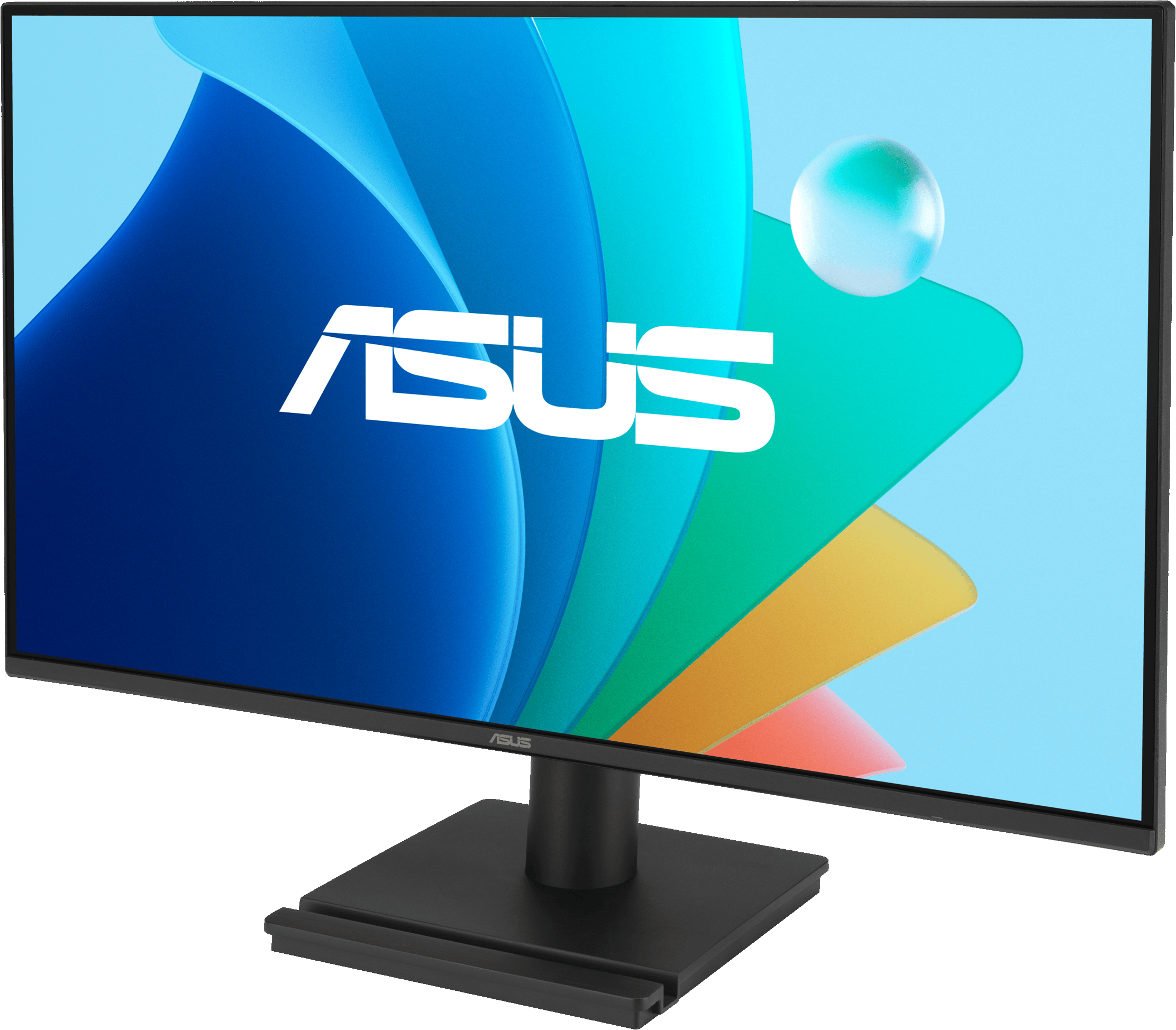Moniteur ASUS noir avec un fond coloré et le logo ASUS au milieu.